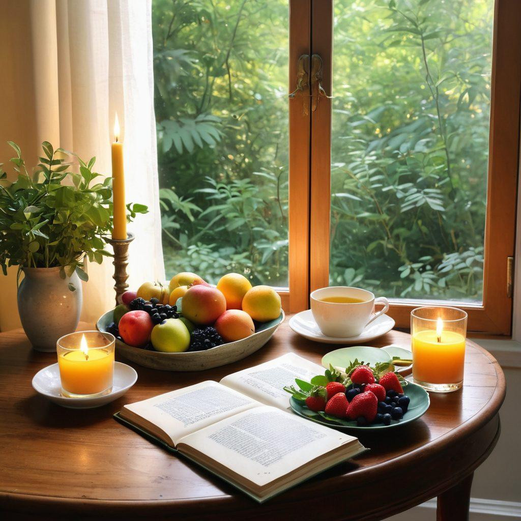 A serene table set for mindful eating, adorned with a colorful array of fresh fruits, vegetables, and whole grains. A soft candlelight flickers in the background, emphasizing a peaceful atmosphere. A journal with wellness tips and a steaming cup of herbal tea add warmth and comfort to the scene. Overhead, light filters through lush green leaves, creating a harmonious connection with nature. watercolor painting. soft pastels. peaceful ambiance.
