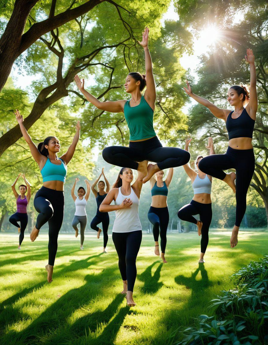 A dynamic scene featuring diverse individuals engaged in various tailored exercise routines, showcasing body positivity through confident expressions and inclusive body types. The background should feature a vibrant outdoor setting with trees and sunlight, symbolizing empowerment and natural beauty. Include motivational quotes floating in the air, emphasizing fitness and self-love. super-realistic. vibrant colors. outdoor setting.