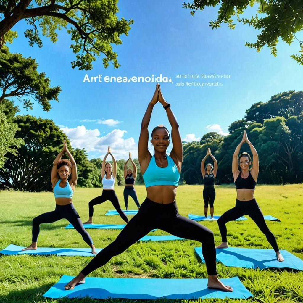 A vibrant and empowering scene featuring diverse individuals engaged in various booty workouts in an outdoor setting, with lush greenery and a bright sky. Incorporate elements of mindfulness, such as yoga poses and meditation areas nearby, to evoke a sense of wellness. Add motivational quotes in an artistic font overlaying the image. Ensure the colors are energetic and uplifting, capturing the spirit of fitness and holistic living. super-realistic. vibrant colors. bright background.